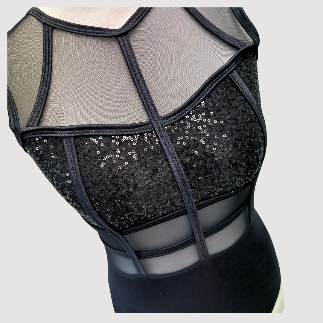 '..' Black Mesh & Sequin Cut Out Leotard (MTO) | RD Dance Costumes & Uniform