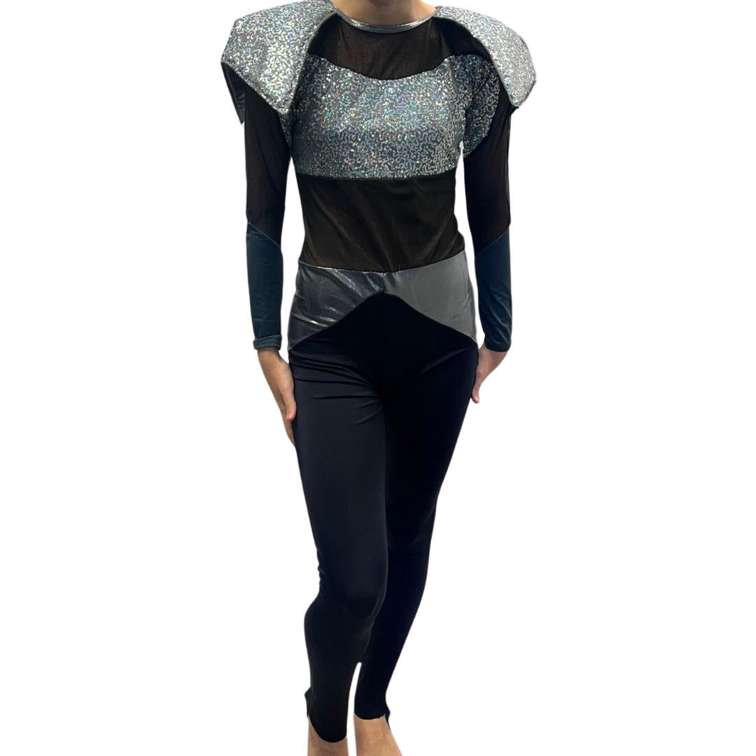 Black & Silver Sequin Catsuit with Shoulder Pads