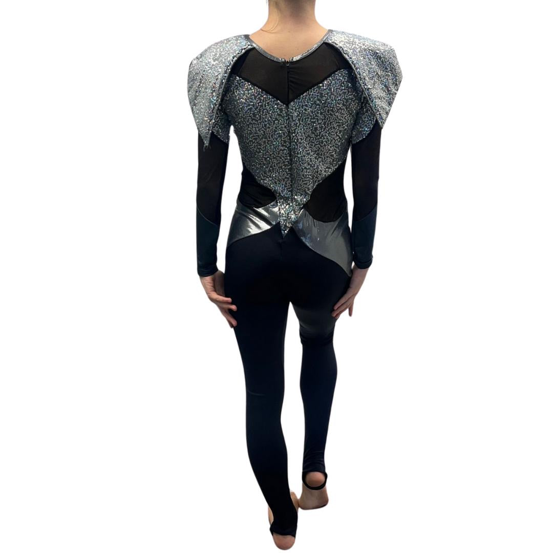 Black & Silver Sequin Catsuit with Shoulder Pads