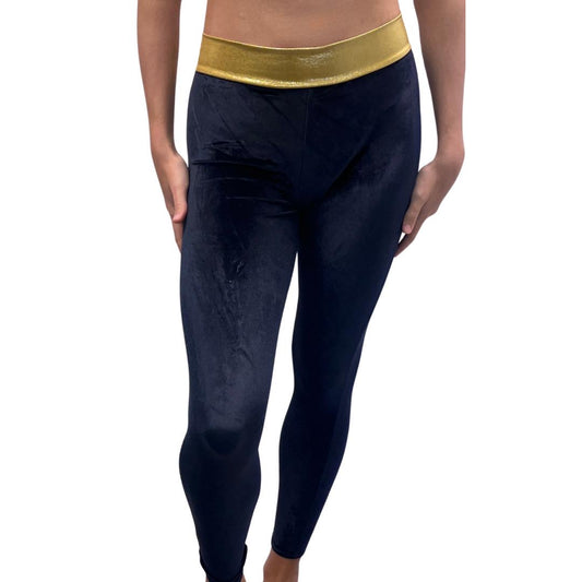 Black Velvet Leggings With Gold Waistband