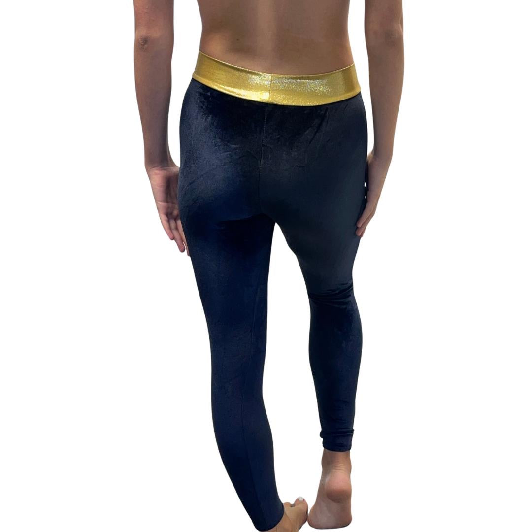 Black Velvet Leggings With Gold Waistband