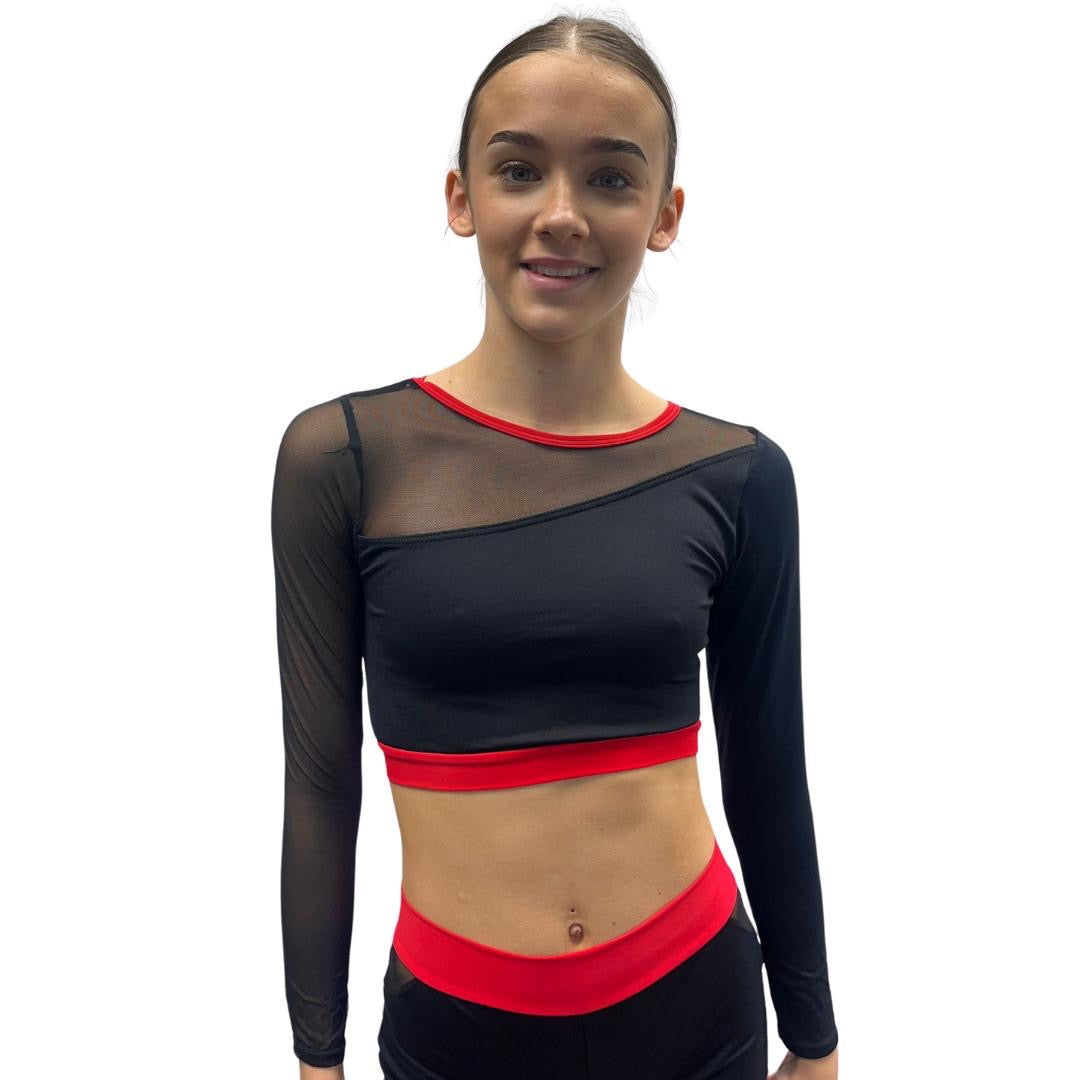 Black And Red Mesh Sleeve Crop Top