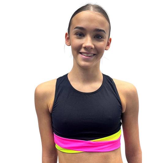 Black Crop Top With Pink And Yellow Crossover Waistband