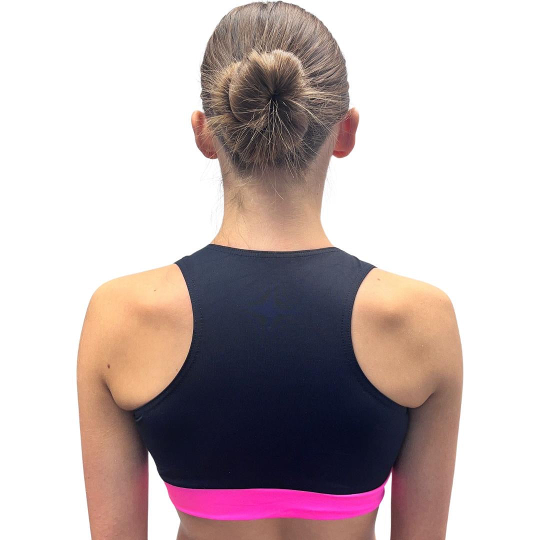 Black Crop Top With Pink And Yellow Crossover Waistband