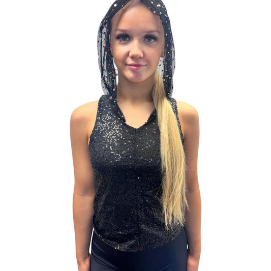 Black Sequin Vest With Glitter Mesh Hood