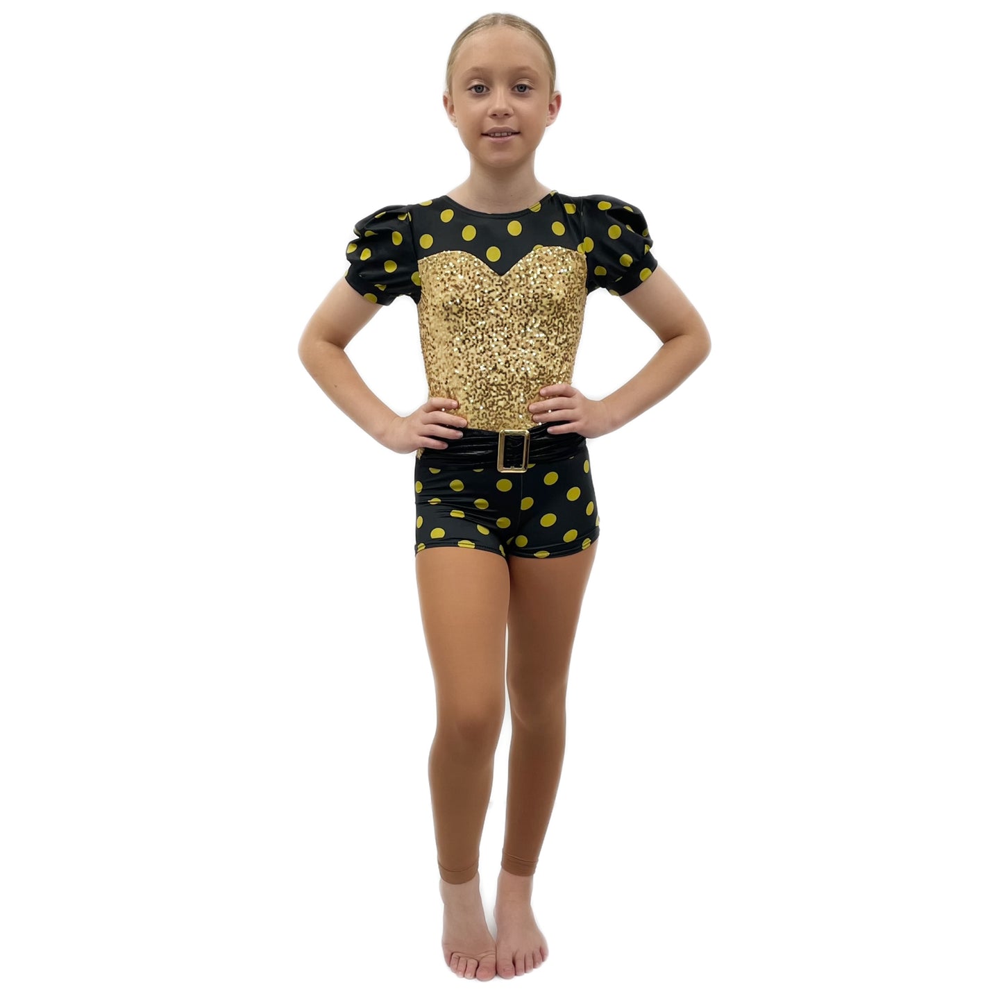 Black & Gold Sequin Polka Dot Unitard | Razzle Dazzle Dance Costumes Ltd