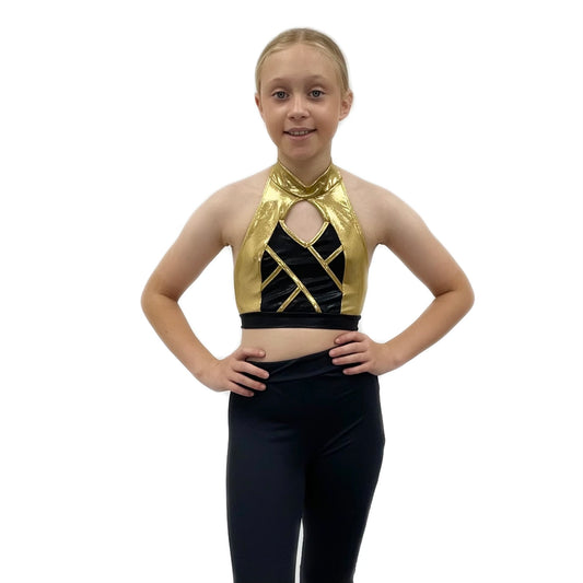 Black & Gold Shine Crop Top | Razzle Dazzle Dance Costumes Ltd