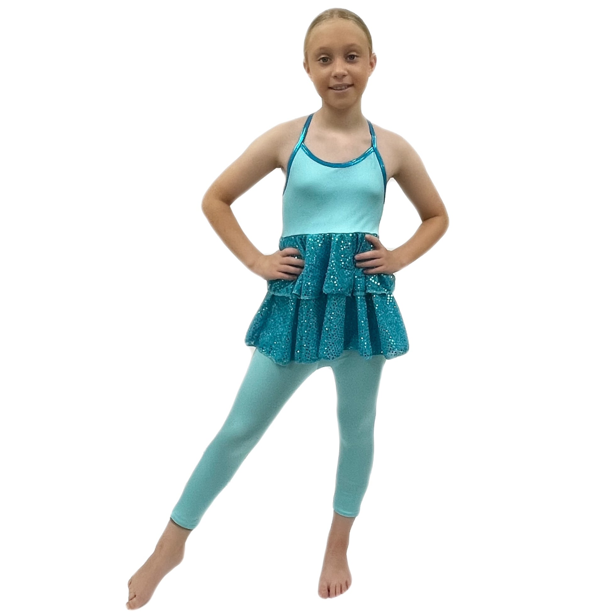 Blue Catsuit With Attached Sequin Skirt | Razzle Dazzle Dance Costumes Ltd