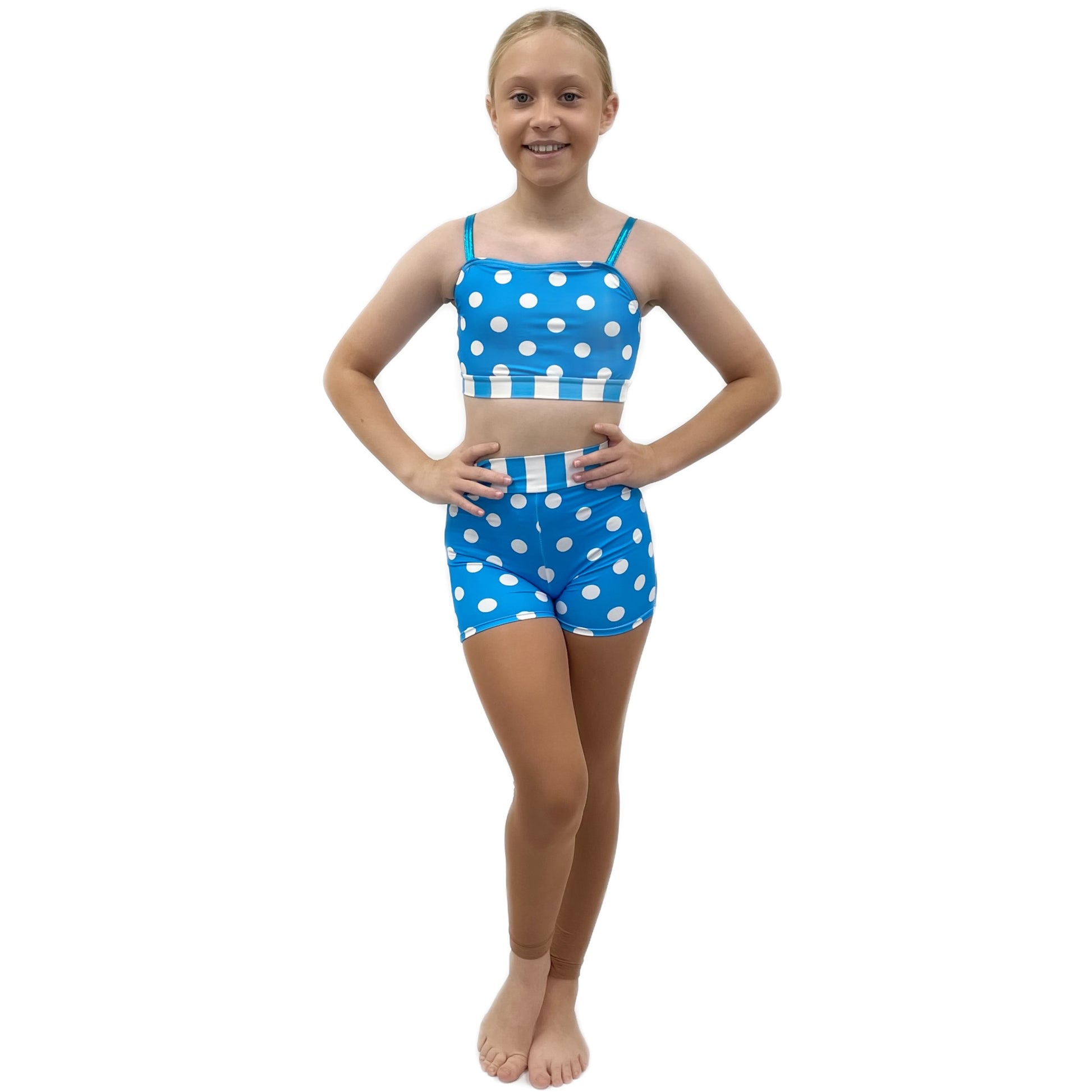 Blue & White Polka Dot Two Piece Set | Razzle Dazzle Dance Costumes 