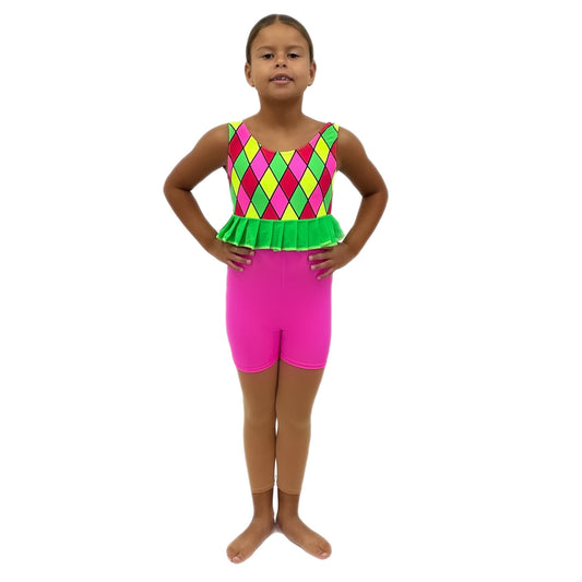 Bright Pink Harlequin Print Unitard with Frill | Razzle Dazzle Nuneaton