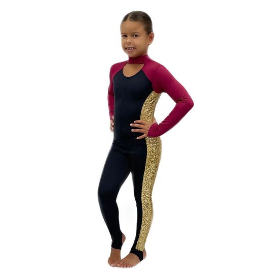 Burgundy, Black & Gold Sequin Catsuit | Razzle Dazzle Dance Costumes Ltd