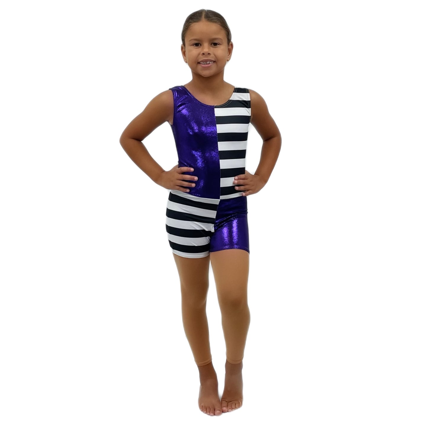 Purple Shine & Black, White Stripe Unitard