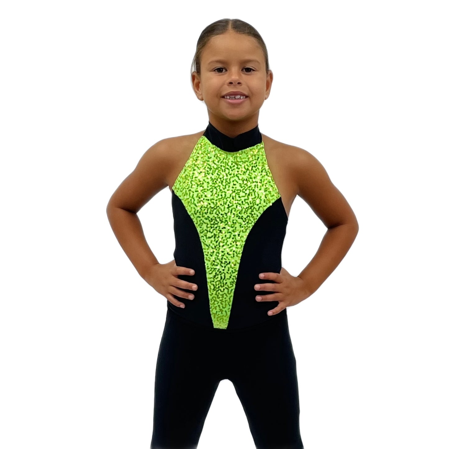 Flo Green Sequin & Black Halterneck Top | Razzle Dazzle Dance Costumes