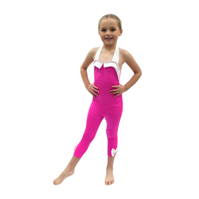 Pink Halterneck Catsuit with White Bow | Razzle Dazzle Dance Costumes