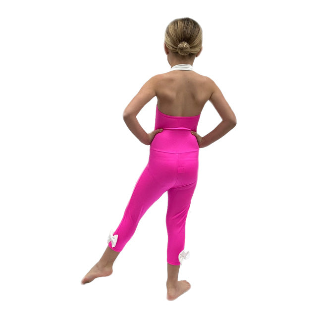 Pink Halterneck Catsuit with White Bow | Razzle Dazzle Dance Costumes