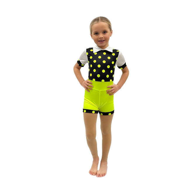 Black & Flo Yellow Polka Dot Unitard | Razzle Dazzle Dance Costumes