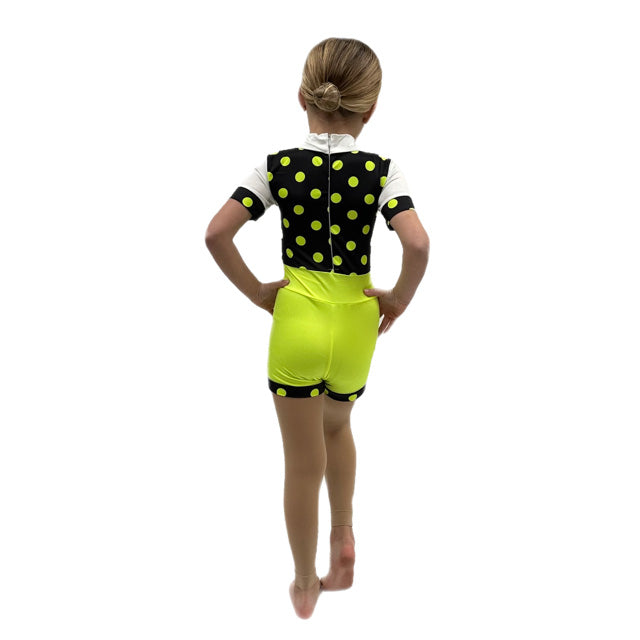 Black & Flo Yellow Polka Dot Unitard | Razzle Dazzle Dance Costumes
