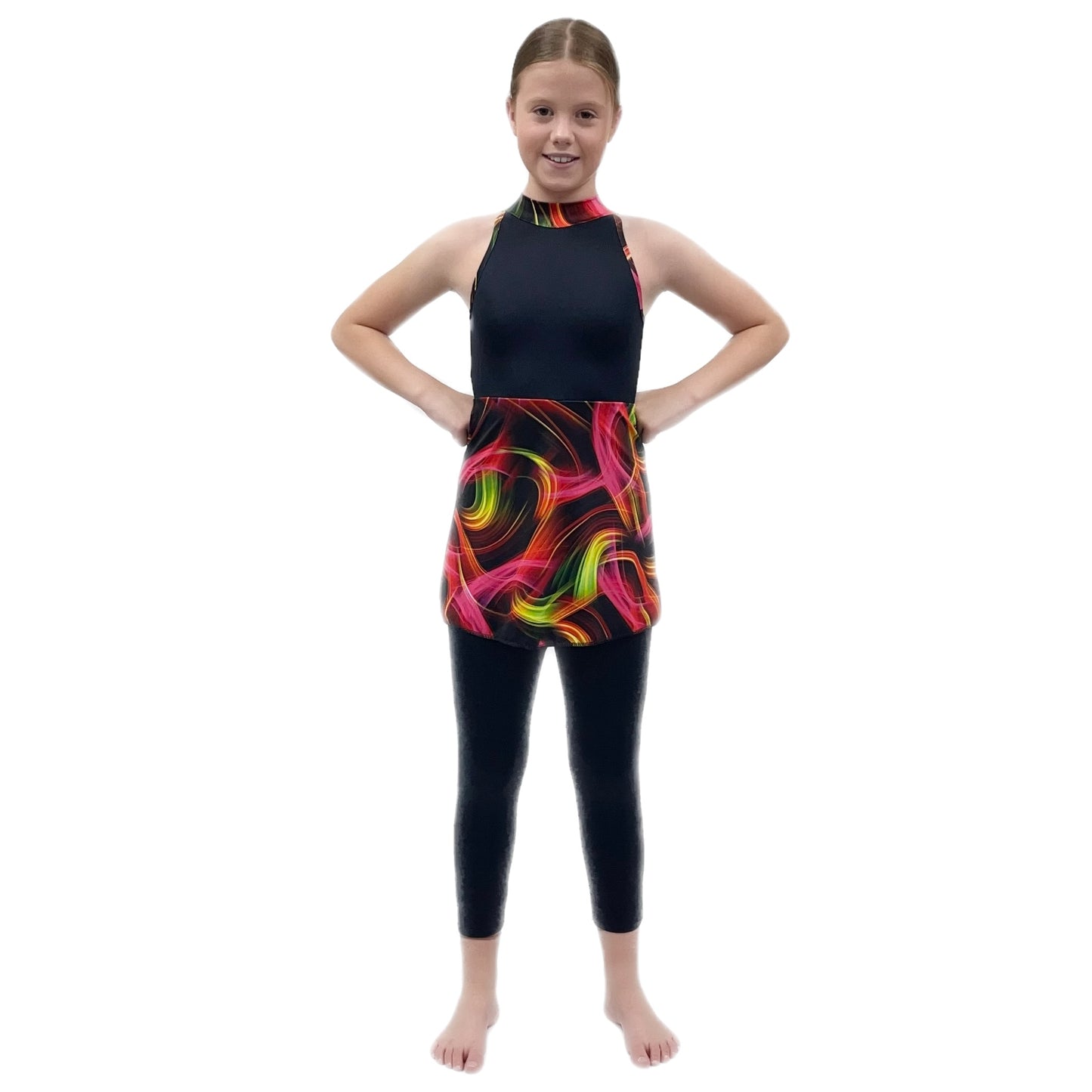 Black Catsuit with Multi Print Skirt & Binding | Razzle Dazzle Dance Costumes