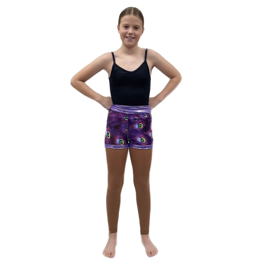 Purple Peacock Print Shorts with Shine Waistband | Razzle Dazzle