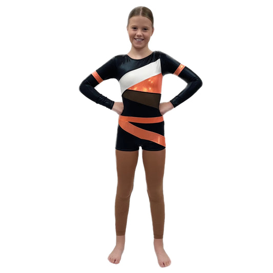 Black/Orange Long Sleeved Shine Unitard | Razzle Dazzle Dance Costumes