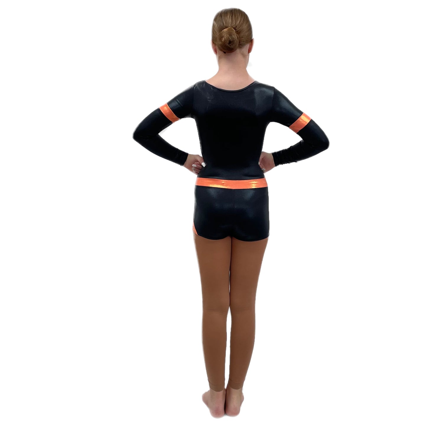 Black/Orange Long Sleeved Shine Unitard | Razzle Dazzle Dance Costumes