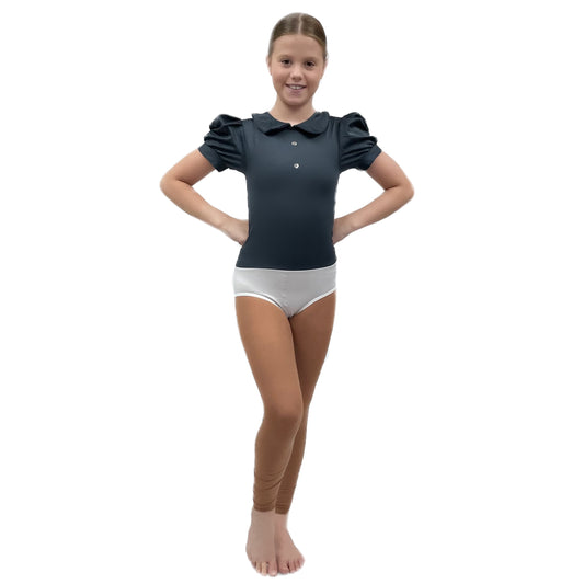 Charcoal Puff Sleeved Leotard with Button Detail | Razzle Dazzle 