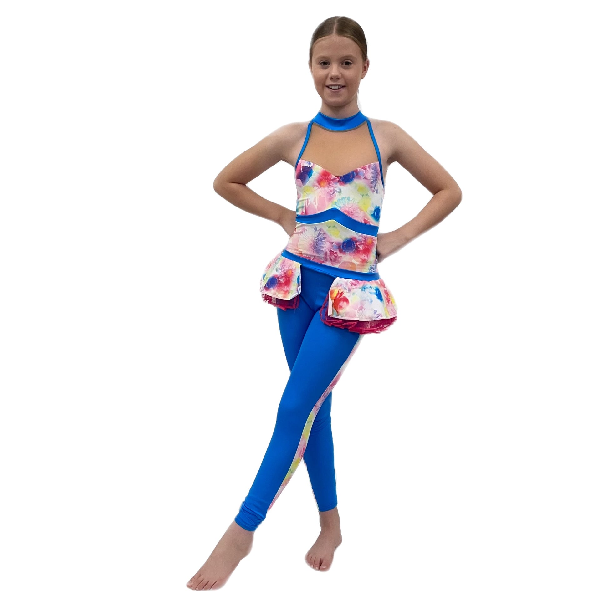 Blue/Multi Catsuit with Attached Skirt | Razzle Dazzle Dance Costumes