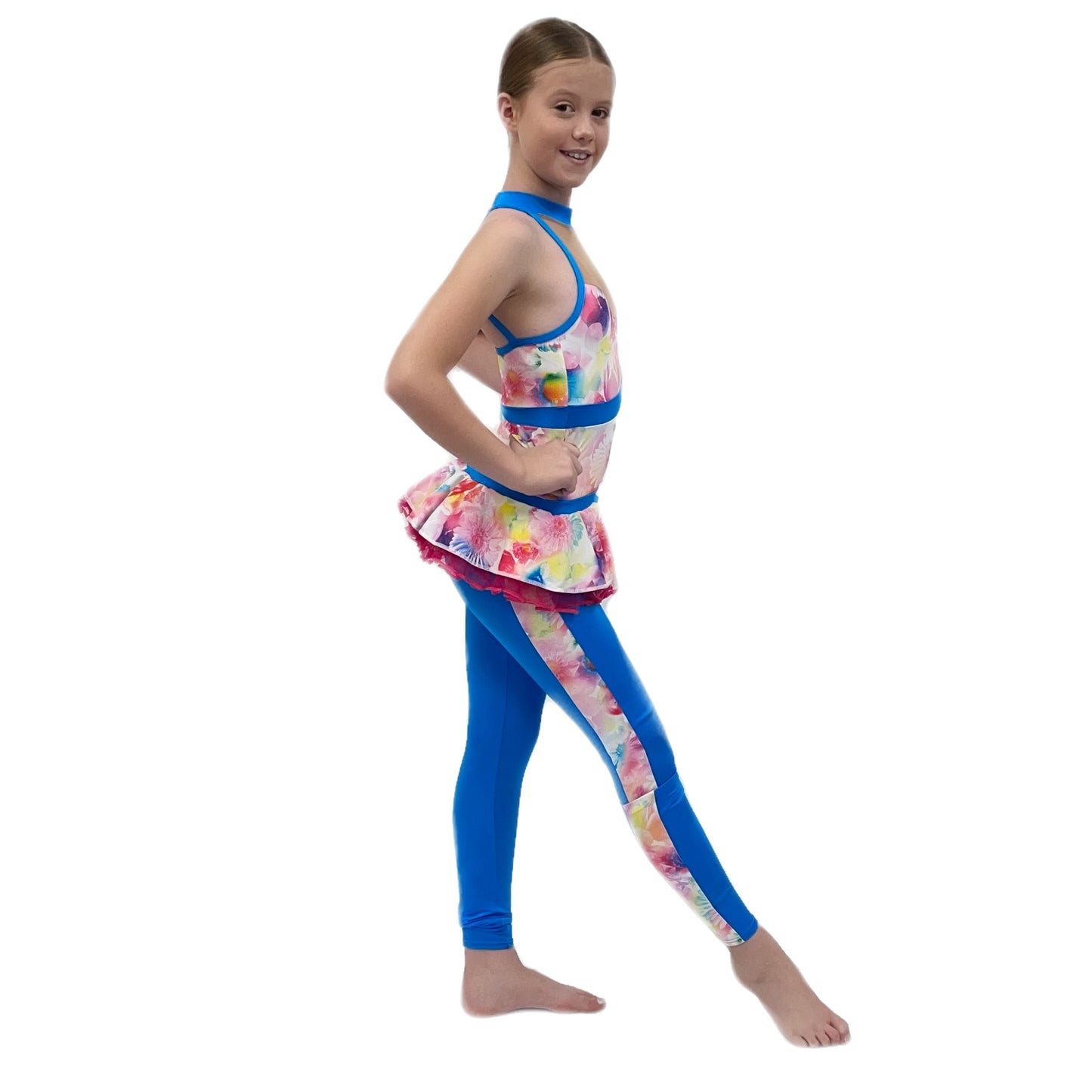 Blue/Multi Catsuit with Attached Skirt | Razzle Dazzle Dance Costumes