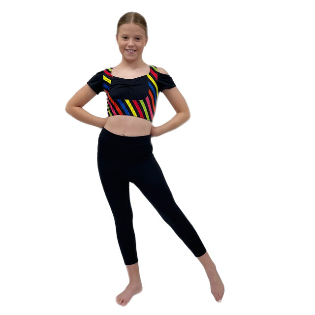 Black off Shoulder Crop with Multi stripe Overlay | Razzle Dazzle Dance Costumes