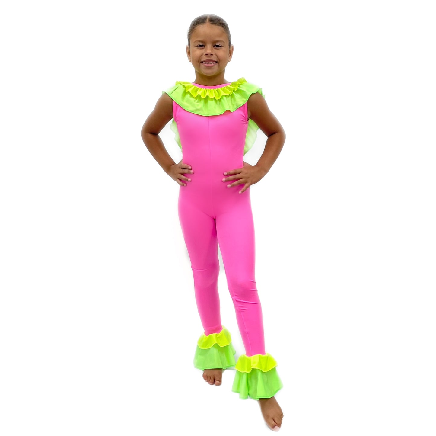 Pink Florescent Catsuit With Frills