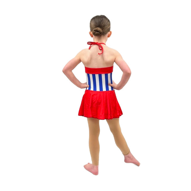 Blue & White Striped Halterneck Dress with Red Skirt | Razzle Dazzle