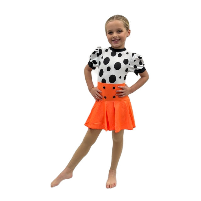 Black & White Spotted Dress with Orange Skirt | Razzle Dazzle Dance Costumes