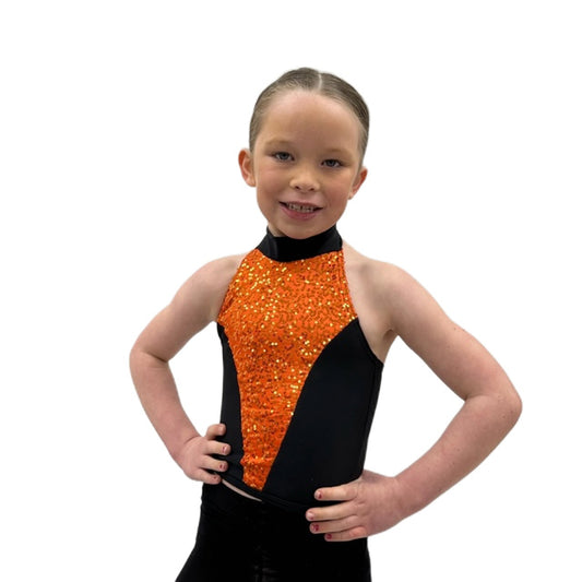 Black & Orange Sequin Halterneck Top | Razzle Dazzle Dance Costumes