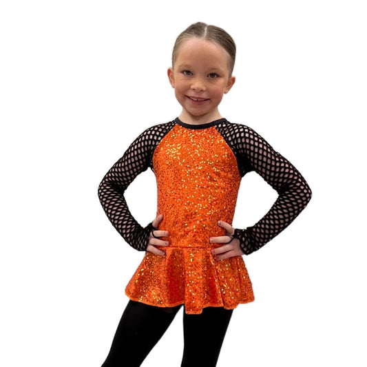 Orange Sequin Top with Black Mesh Sleeves | Razzle Dazzle Dance Costumes