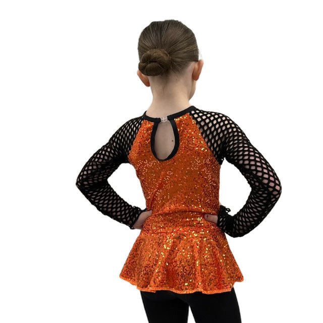 Orange Sequin Top with Black Mesh Sleeves | Razzle Dazzle Dance Costumes